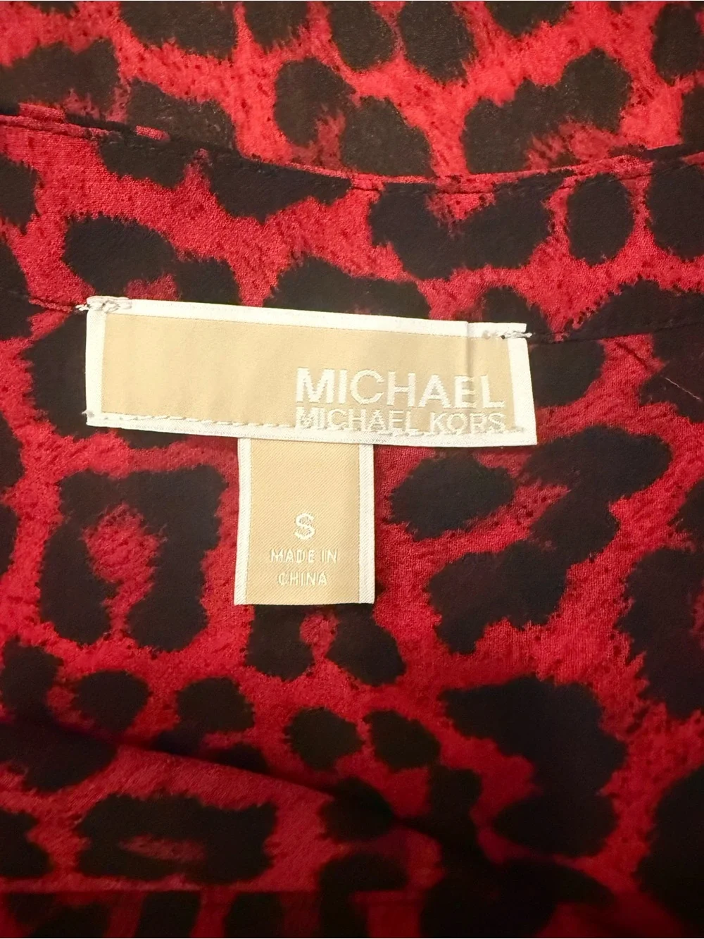 Michael Kors Red Black Leopard Print Blouse S Sheer Button Front Animal Print